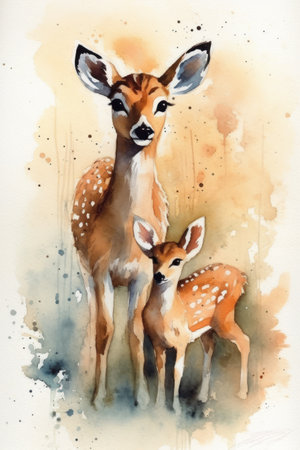 Watercolor painting of a baby deer and its mother in the wildの素材