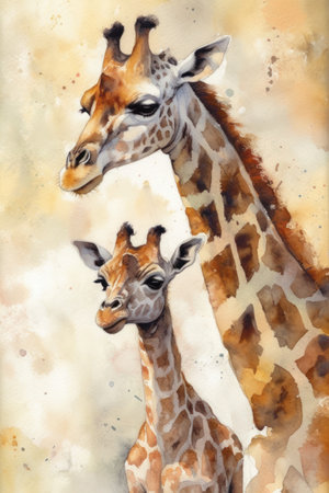 Watercolor illustration of two giraffes standing side by side.の素材