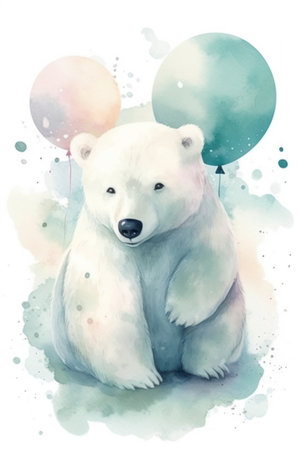 Watercolor illustration of cute white polar bear with balloons on watercolor backgroundの素材
