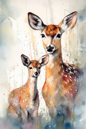 Watercolor painting of a pair of fawns in the forestの素材