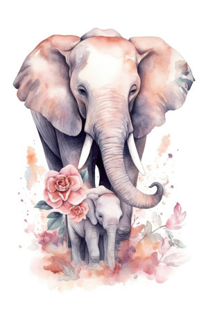 Watercolor illustration of an elephant with a child and a rose.の素材