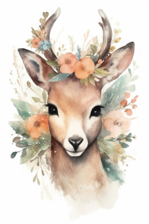 Watercolor portrait of a deer in a wreath of flowers.の素材