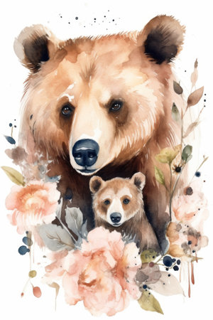 Watercolor illustration of bear, cub and flowers on white background.の素材
