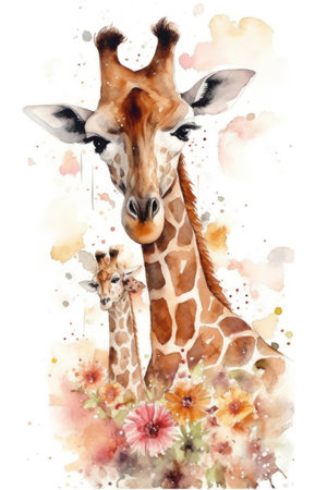 Watercolor illustration of giraffe and baby giraffe on watercolor backgroundの素材
