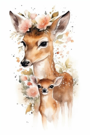 Watercolor illustration of a mother and baby deer with flowers in their hairの素材