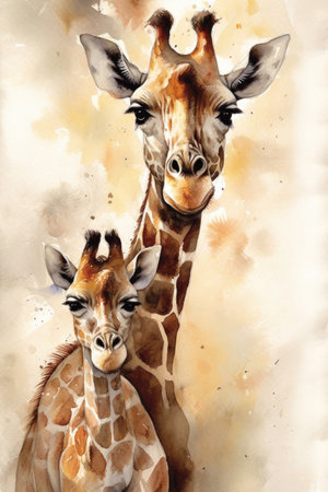 Watercolor illustration of a giraffe with baby giraffes.の素材