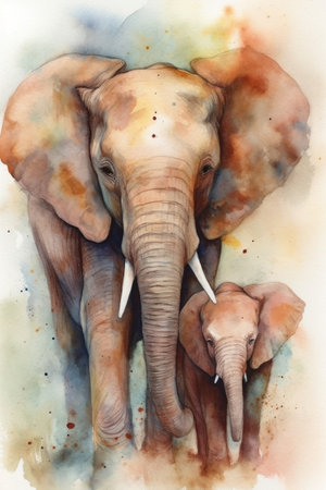 Watercolor illustration of an elephant with a baby elephant in the backgroundの素材