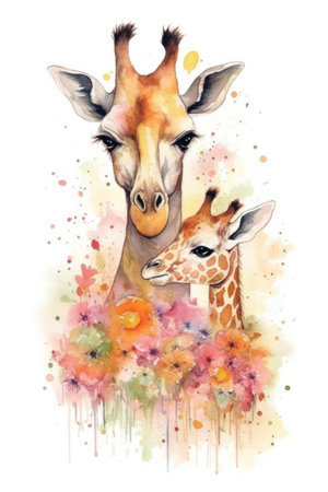 Watercolor illustration of two giraffes and flowers on a white backgroundの素材