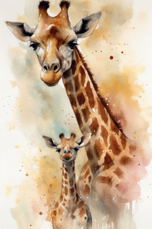 Watercolor illustration of a giraffe with a baby in its mouthの素材