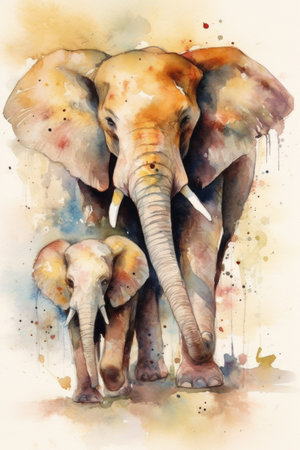 Watercolor painting of an elephant with a baby elephant in the background.の素材