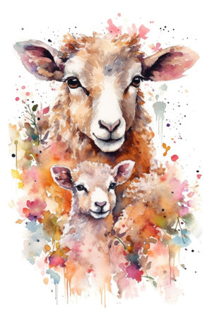 Watercolor portrait of a sheep and a lamb on a white backgroundの素材