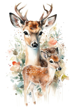 Watercolor illustration of a pair of fawns and deer with flowers.の素材