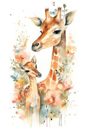 Watercolor illustration of a mother and baby giraffe with flowers.の素材