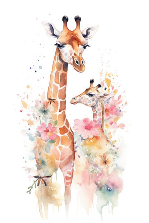 Watercolor illustration of two giraffes and flowers on white backgroundの素材