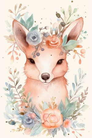 Cute fox with flowers. watercolor illustration. hand drawn.の素材