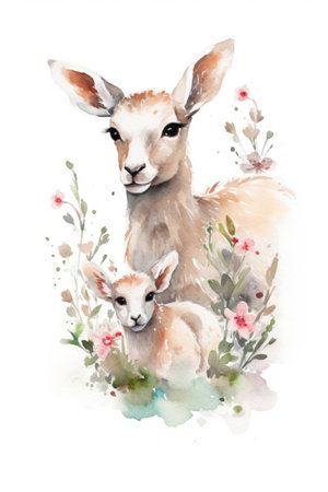 Watercolor illustration of baby deer and mother with flowers on a white backgroundの素材