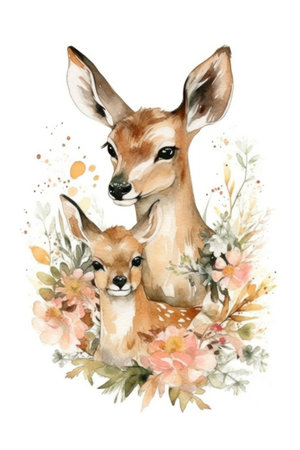 Watercolor illustration of a mother and baby deer with flowers on a white backgroundの素材