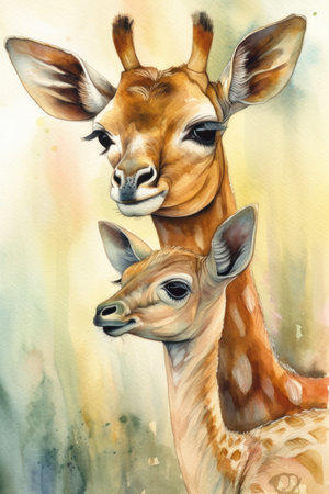 Watercolor painting of cute baby giraffe and mother. hand drawn illustration.の素材
