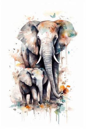 Elephant family. watercolor painting on white background. digital illustration.の素材