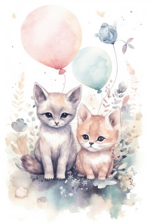 Watercolor illustration of cute kittens with balloons and flowers. cute animals.の素材
