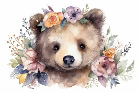 Cute watercolor bear with floral wreath. watercolor illustration.の素材