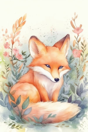 Watercolor illustration of a cute red fox on a floral background.の素材