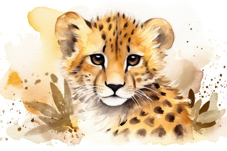 Watercolor illustration of a cheetah cub in the wild.の素材