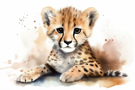 Watercolor portrait of a cheetah cub on a white backgroundの素材