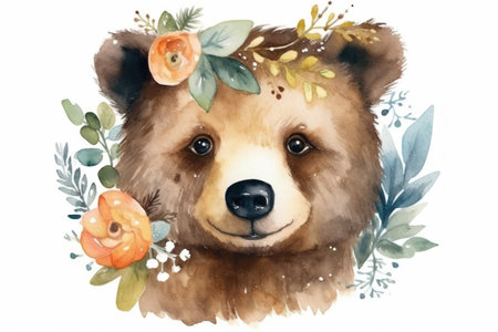 Watercolor cute brown bear with floral wreath. hand drawn illustration.の素材