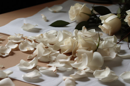 White rose petals on white napkin on wooden table, closeupの素材