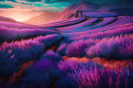 Lavender field at sunset, 3d render of lavender fieldの素材