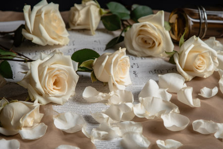 White roses and a bottle of oil on the background of the old bookの素材