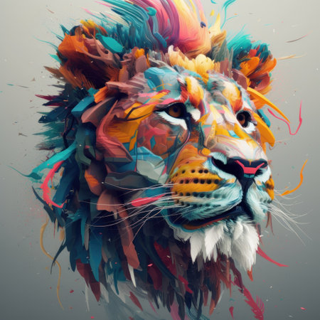 Lion head with colorful paint splashes. colorful illustration.の素材