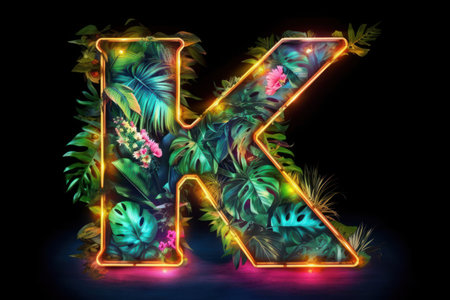 Neon letter K with tropical leaves and hibiscus flowers.の素材