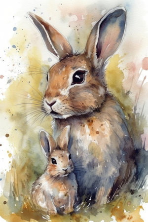 Hand drawn watercolor illustration of a mother rabbit with her baby.の素材
