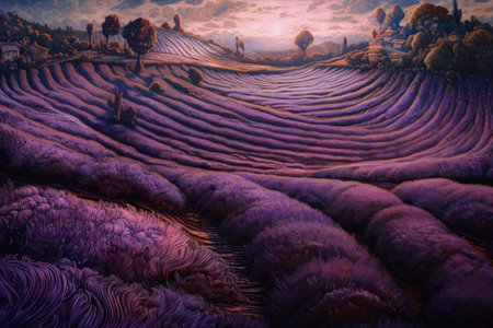 Beautiful landscape of lavender field in the evening. digital painting.の素材