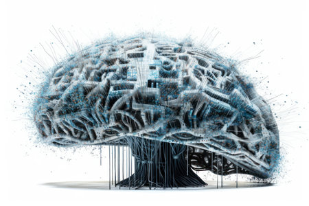 3D rendering of a human brain with digital circuit on a white backgroundの素材
