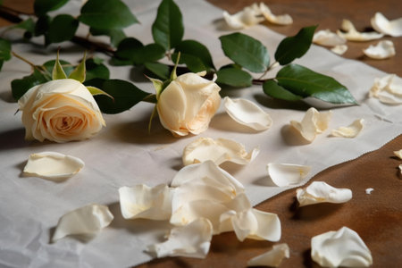 White roses on a white napkin on a rustic wooden backgroundの素材
