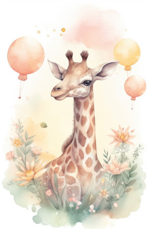 Watercolor illustration of a cute giraffe with balloons and flowers.の素材