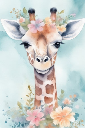 Giraffe with flowers. watercolor illustration. hand drawn.の素材