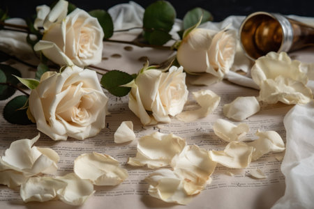 White roses on a sheet of paper and a bottle of oil.の素材