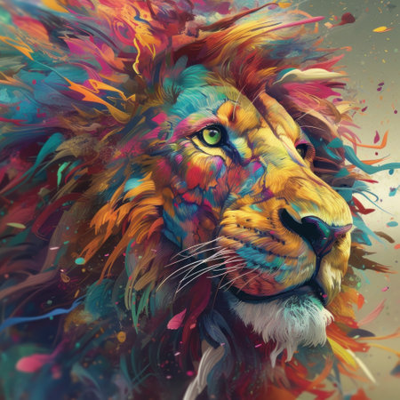 Lion head with colorful feathers and paint splashes. digital painting.の素材
