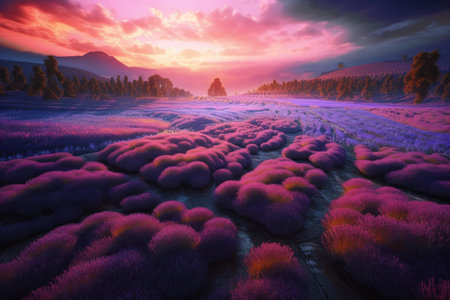 3D render of purple lavender field at sunset in the mountainsの素材