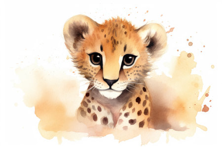 Watercolor portrait of a cheetah cub on a white backgroundの素材