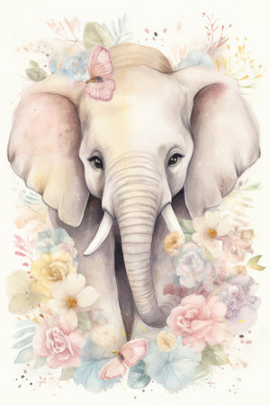 Watercolor painting of an elephant with flowers. hand-drawn illustration.の素材