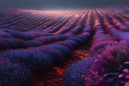 Fantasy landscape with lavender field. 3d render illustration.の素材