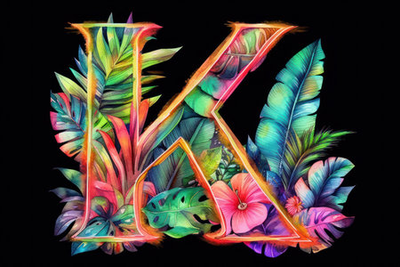 Letter K from tropical leaves. Hand-drawn illustration on a black background.の素材
