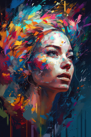 Portrait of a beautiful woman with colorful paint splashes on her face.の素材