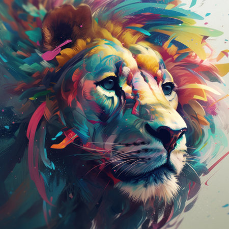 Lion head with colorful abstract background. digital painting. Illustration.の素材