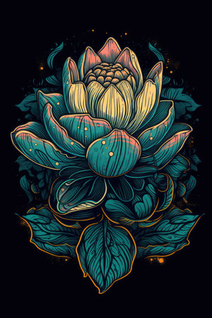 Beautiful lotus flower on dark background. hand drawn vector illustration.の素材